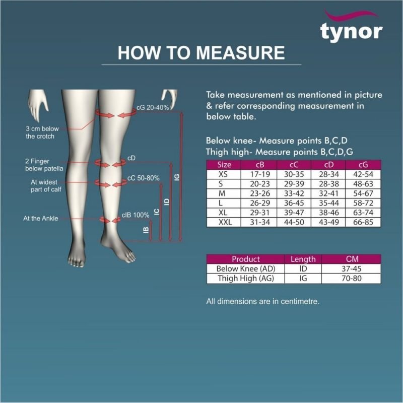 Tynor Medical Compression Stocking Knee High Class 2 sizing chart