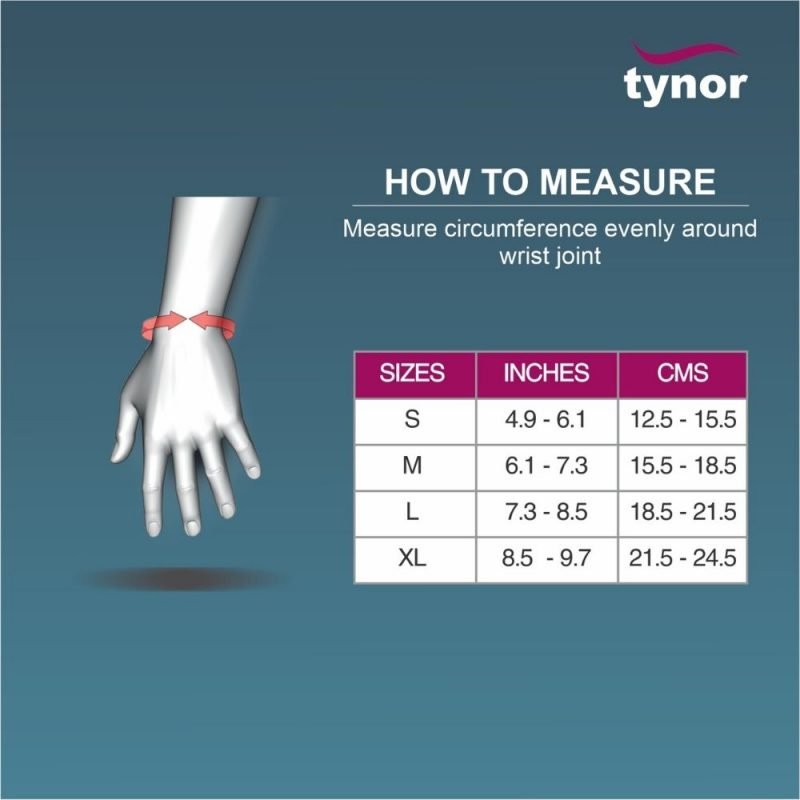 Tynor Wrist Splint Ambidextros sizing chart