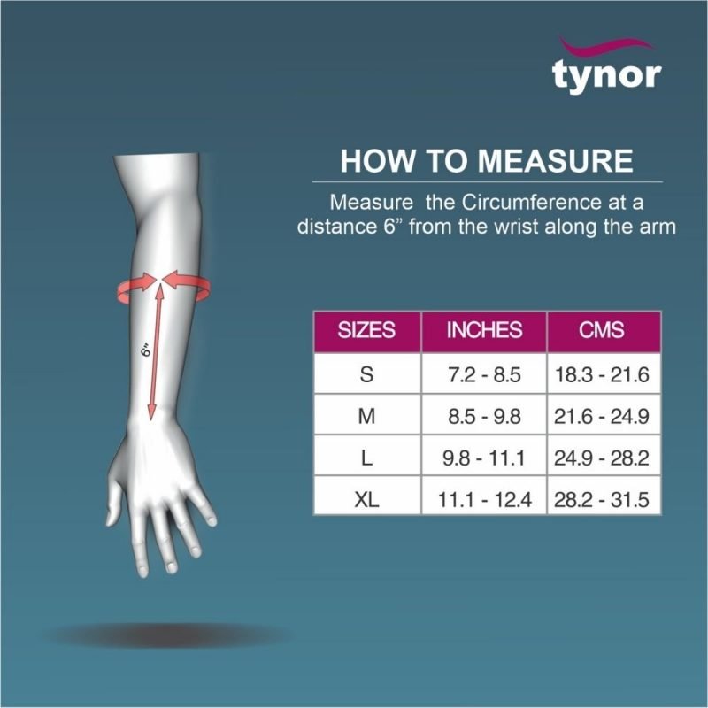 Tynor Wrist Splint With Thumb sizing chart