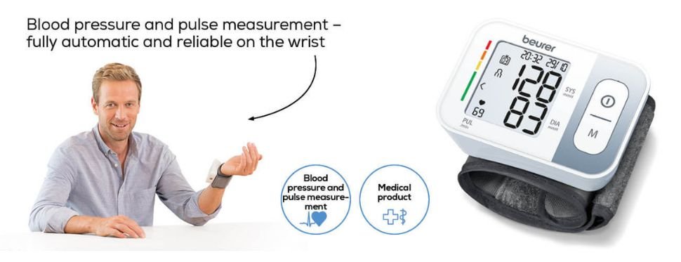 Beurer BC 28 Wrist Blood Pressure Monitor banner image showing its blood pressure and pulse management feature
