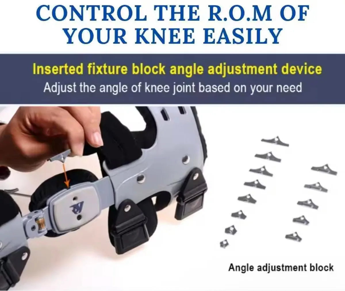 Angle adjustment block being slotted into the OA Knee Brace hinge, with the set of blocks