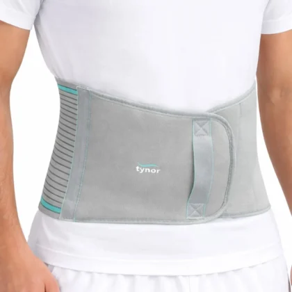Tynor Abdominal Support 9 Inch in grey with teal stripes, worn around the waist over a white T-shirt