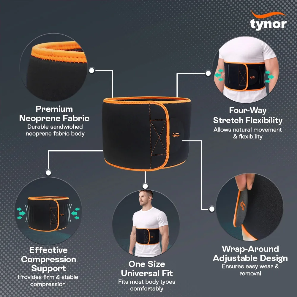 Tynor Abs Support (Neo) callouts: neoprene fabric, four-way stretch, compression, universal fit and wrap-around design