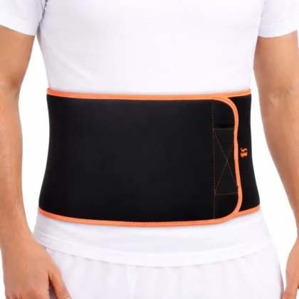 Man in a white T-shirt wearing the Tynor Abs Support (Neo) in black and orange around his middle