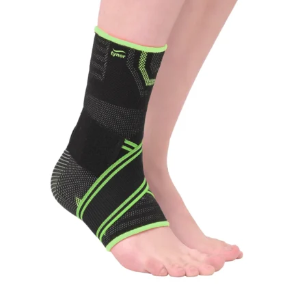 Tynor Ankle Binder Air Pro in black and green on the foot, the green binder strap crossing over the instep