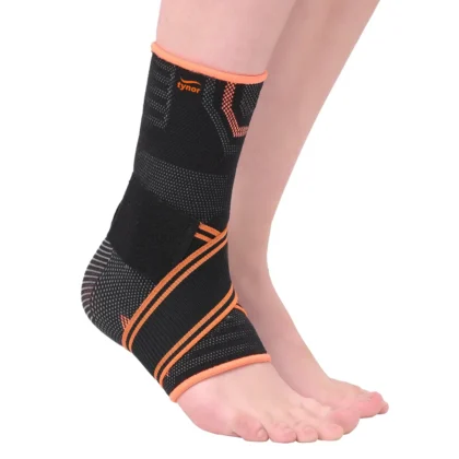 Tynor Ankle Binder Air Pro in black and orange, the orange-striped binder strap wrapped over the foot