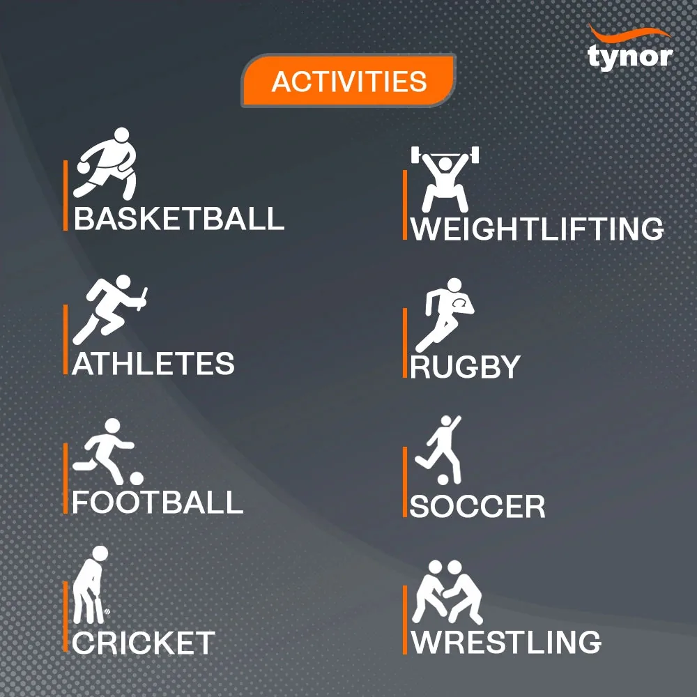 Tynor Ankle Binder Air Pro sports panel showing eight activities, including basketball, soccer and wrestling