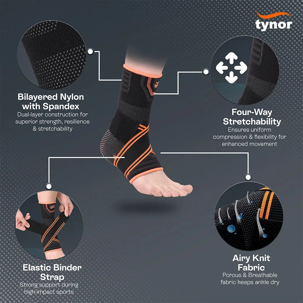 Tynor Ankle Binder Air Pro feature callouts, including the elastic binder strap, airy knit and four-way stretch