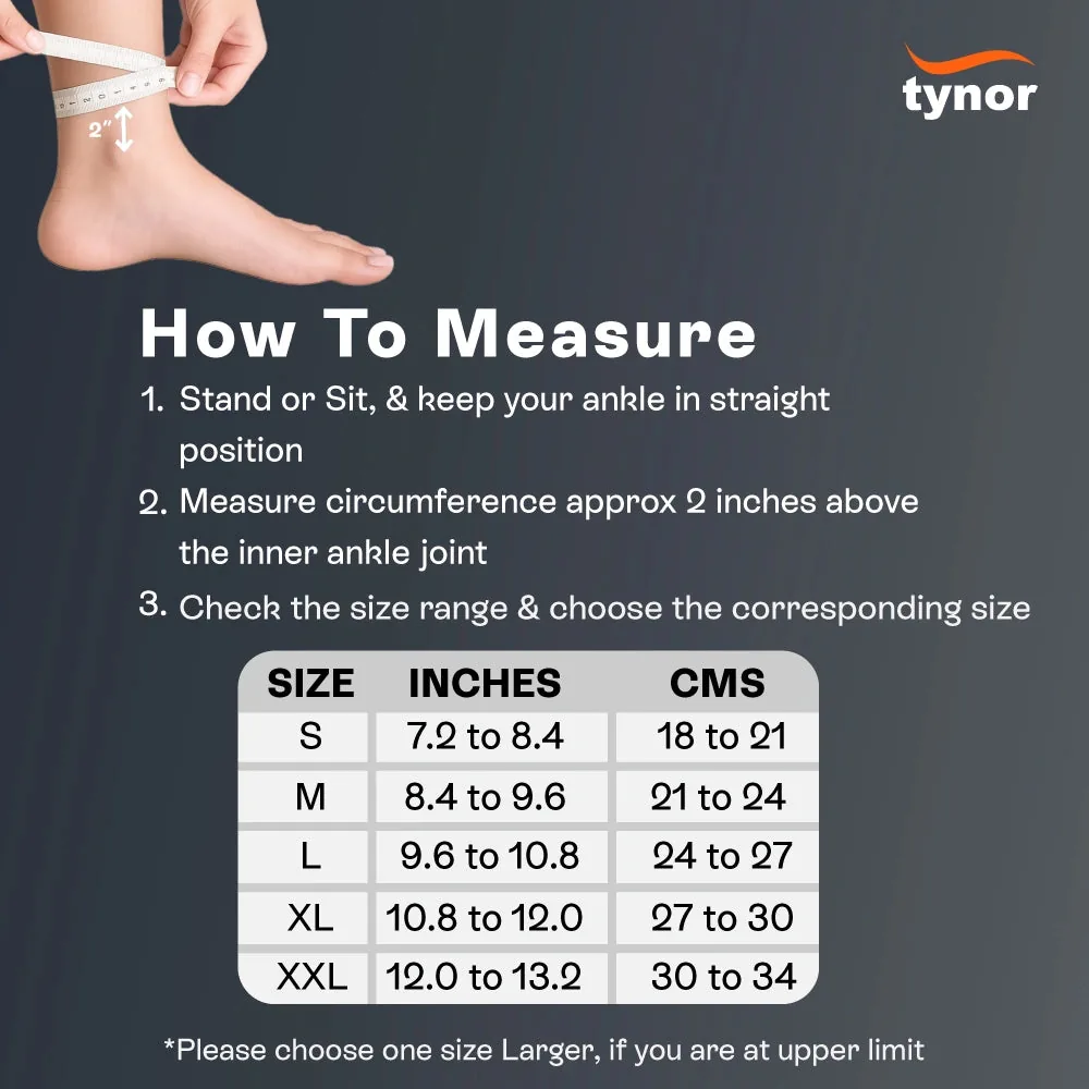 Tynor Ankle Binder Air Pro size chart with ankle circumference in inches and cm