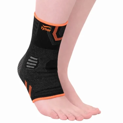 Tynor Ankle Support Air Pro in black and orange on the ankle, with orange edges and grey side panels