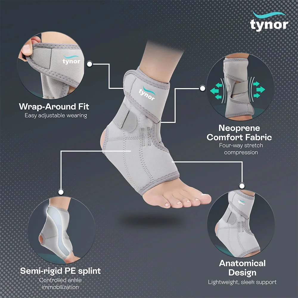 Tynor Ankle Support (Neoprene) features: wrap-around fit, neoprene fabric and semi-rigid PE splint
