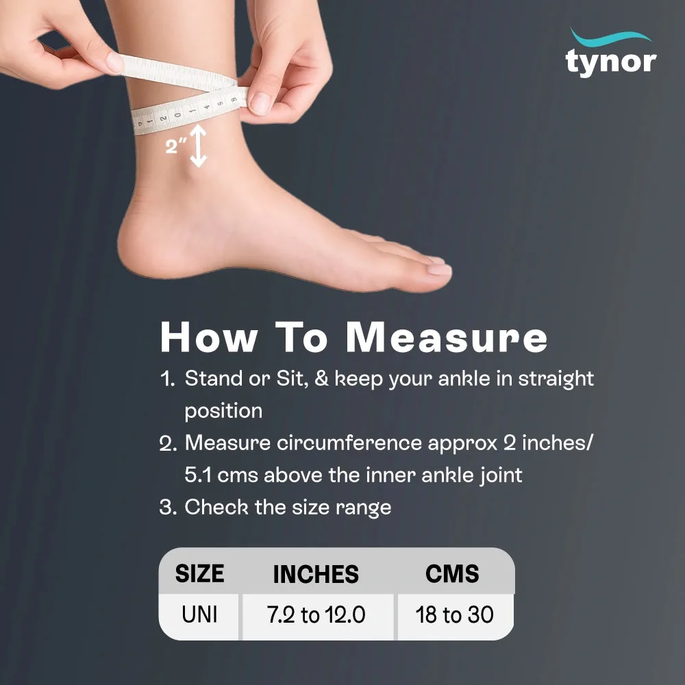 Tynor Ankle Support (Neoprene) size chart and ankle measuring guide
