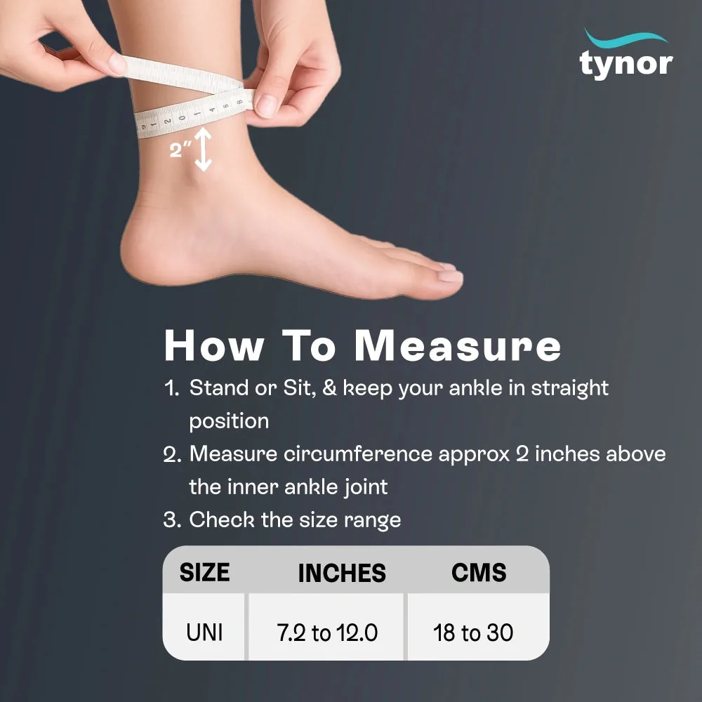 Tynor Ankle Wrap Sleek Elastic size chart and ankle measuring guide