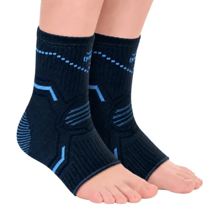 Pair of Tynor Anklet Comfeel knitted ankle sleeves in navy with blue stripes, worn on both feet