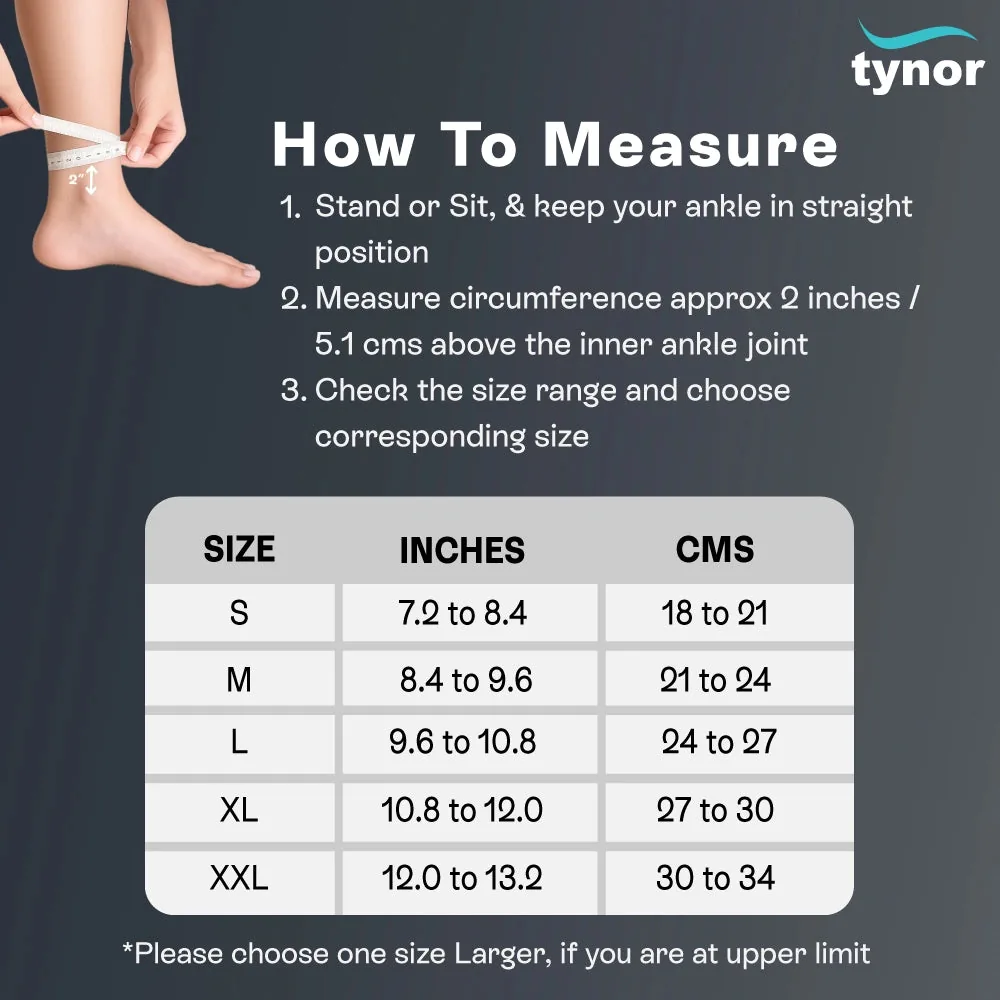 Tynor Anklet Comfeel size chart by circumference 2 inches above the inner ankle