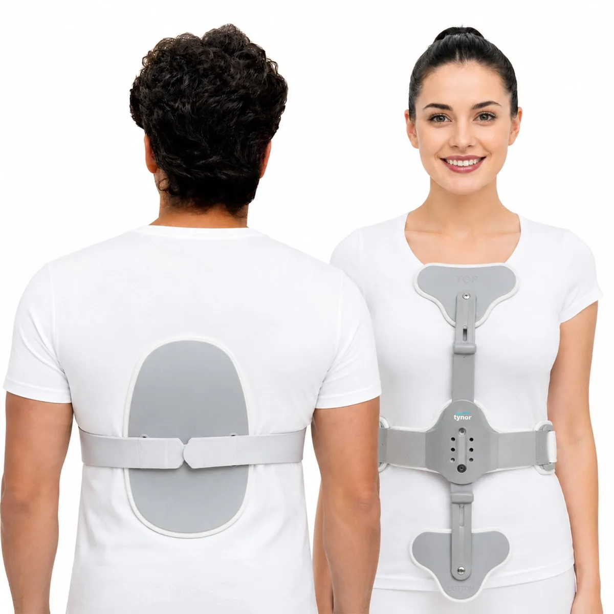 Tynor Ash Brace (Hyper Extension Brace) in silver, front and back views worn over white T-shirts