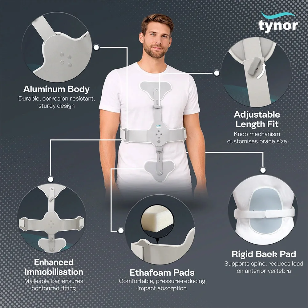 Tynor Ash Brace (Hyper Extension Brace) worn by a man, with close-ups of the aluminium body, length knob, pads and back pad