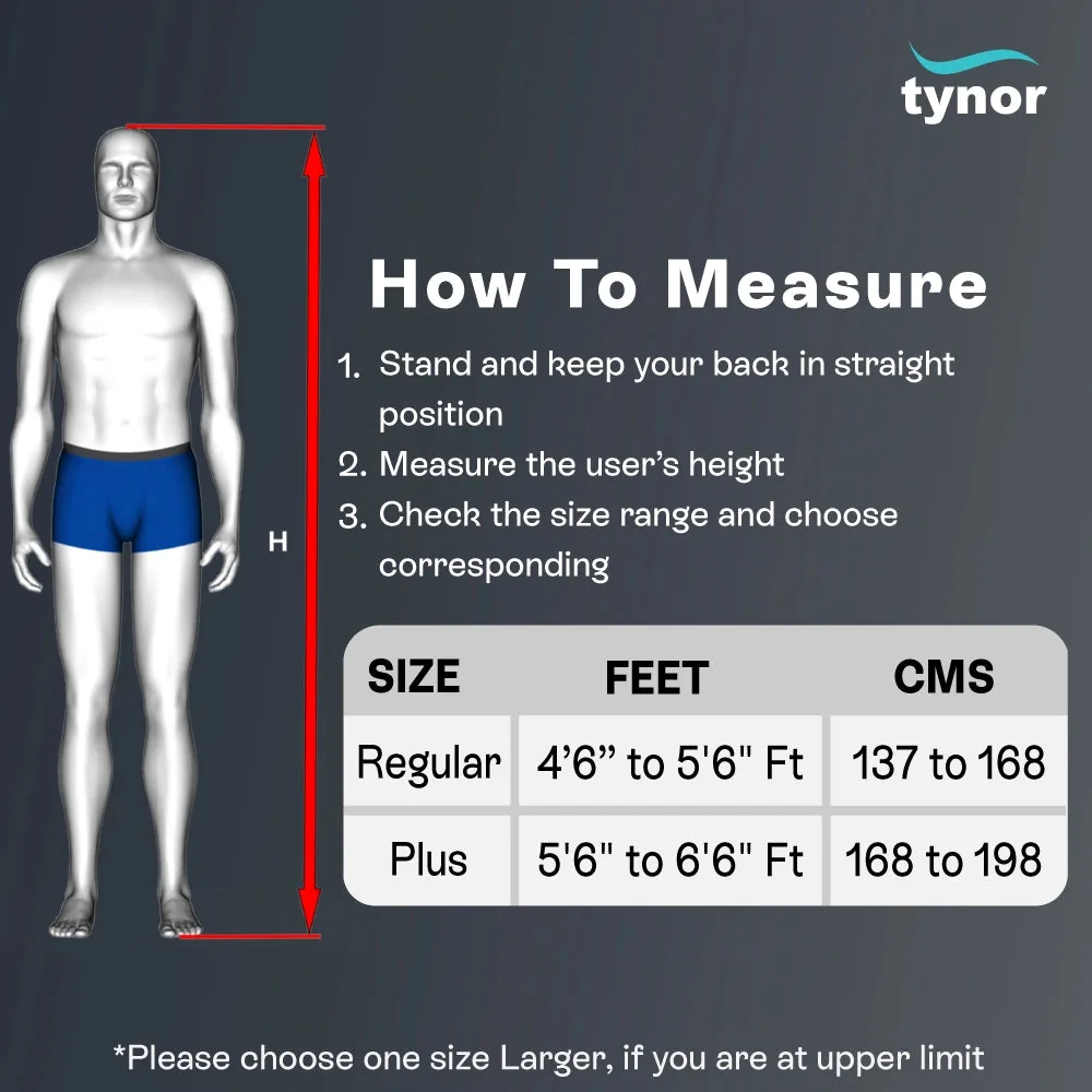 Tynor Ash Brace (Hyper Extension Brace) size chart by user height for Regular and Plus