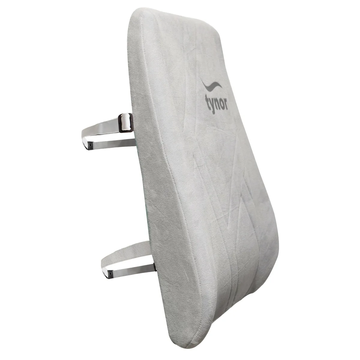 Tynor Back Rest Full in grey with two adjustable elastic straps, side view
