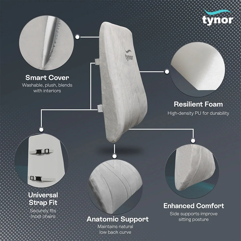 Tynor Back Rest Full features: washable plush cover, high-density foam, strap fit and contoured shape