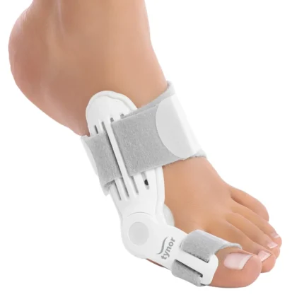 Tynor Bunion Splint in white worn on the foot, showing the hinged frame, strap and toe loop