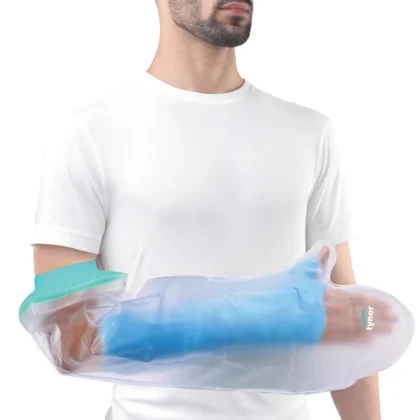 Man wearing the clear Tynor Cast Cover Arm over a blue forearm cast, front view