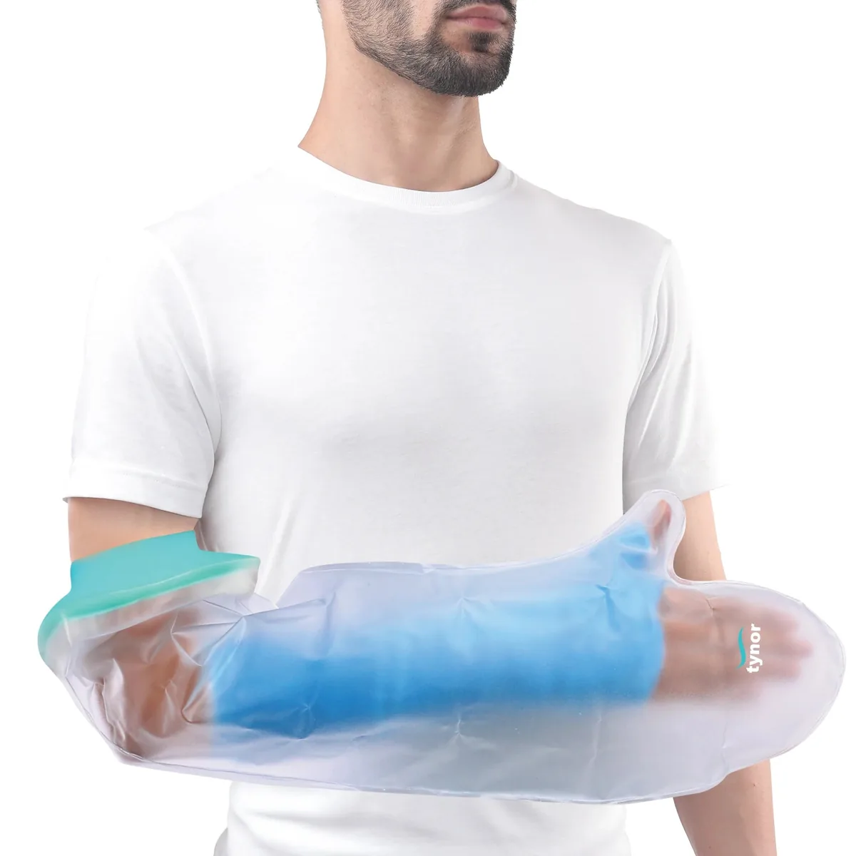 Man wearing the clear Tynor Cast Cover Arm over a blue forearm cast, front view
