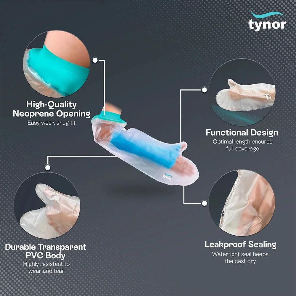 Tynor Cast Cover Arm features: neoprene opening, transparent PVC body, sealed edges, full-length cover