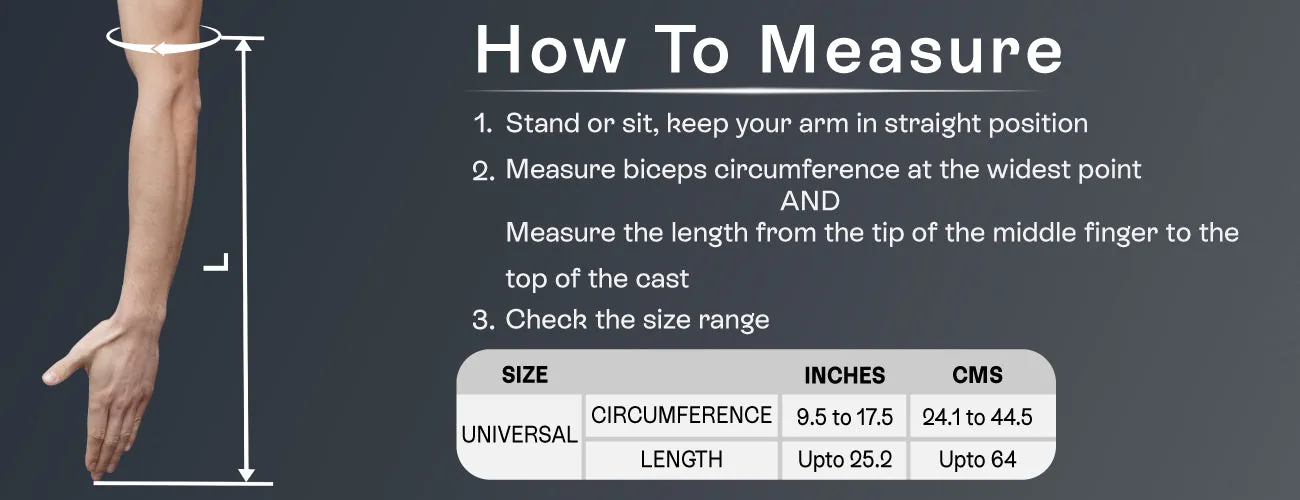 How to measure for the Tynor Cast Cover Arm: steps and size table