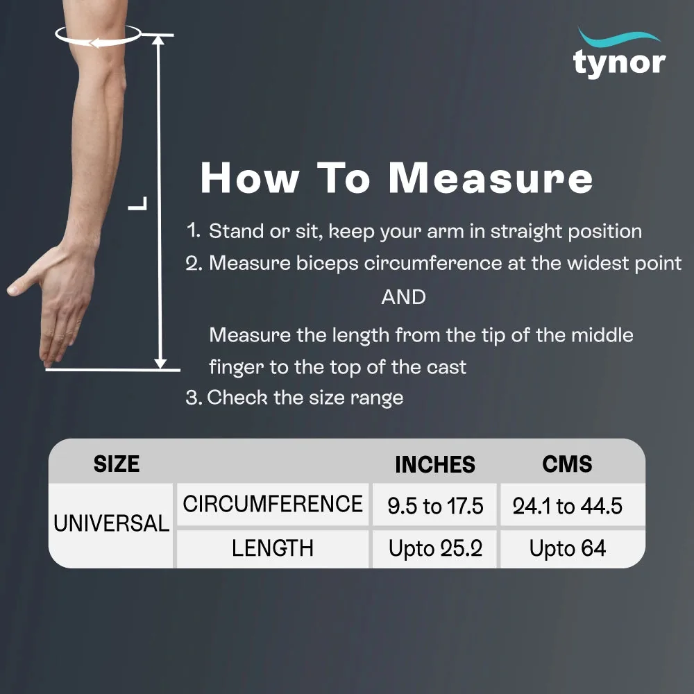 Tynor Cast Cover Arm size chart with arm circumference and length