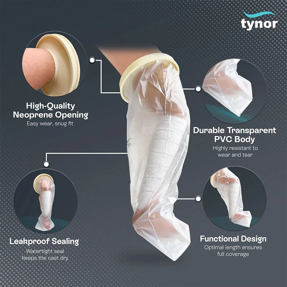 Tynor Cast Cover Leg features: neoprene opening, transparent PVC body, sealed edges, full-length cover