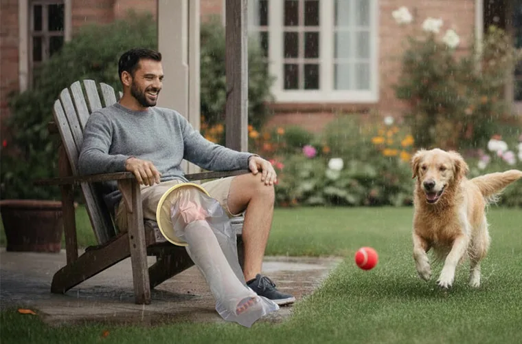 Man in a garden chair with his dog, leg cast inside the Tynor Cast Cover Leg