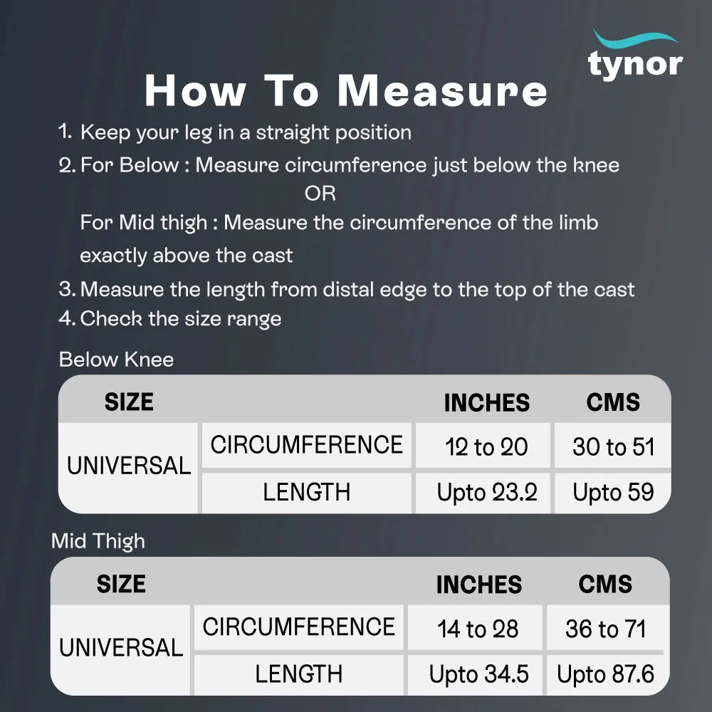 Tynor Cast Cover Leg size chart for below-knee and mid-thigh measurements