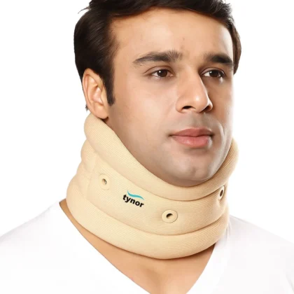 Man wearing the Tynor Cervical Collar Soft With Support in beige, front three-quarter view