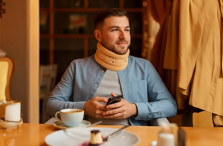 Smiling man in a blue shirt at a cafe table with coffee and a phone, wearing the Tynor Cervical Collar Soft With Support