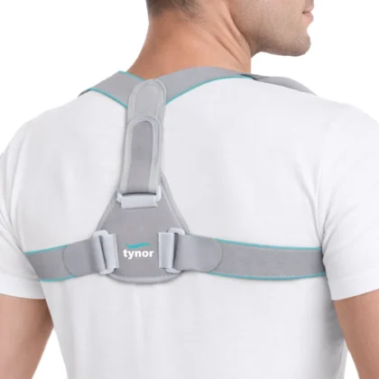 Back view of a man wearing the grey Tynor Clavicle Brace with Fastening Tape