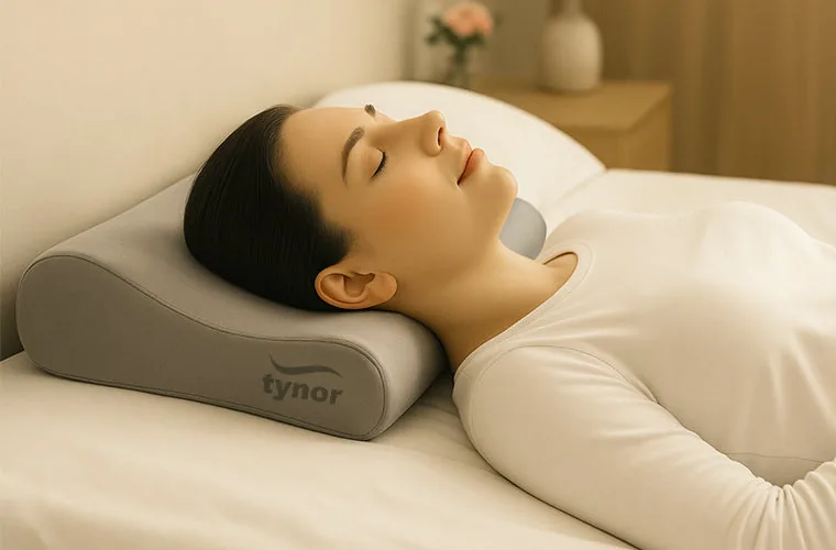 Woman in a white top lying on her back in bed, her head and neck on the Tynor Contoured Cervical Pillow