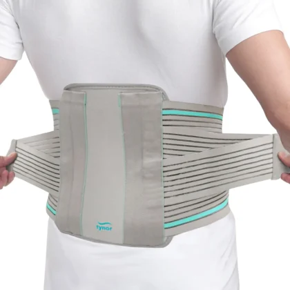 Tynor Contoured L.S. Support in grey worn on the lower back, rear view with the double-pull straps stretched out