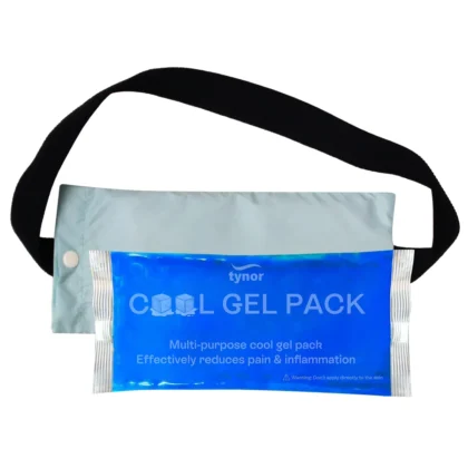 Tynor Cool Pack: blue gel pack in front of its light grey fabric cover with a black elastic strap