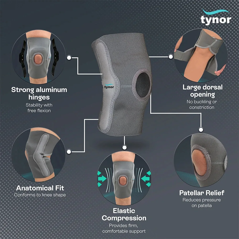 Tynor Elastic Knee Support with close-ups of the aluminium hinges, dorsal opening, patellar opening and elastic compression