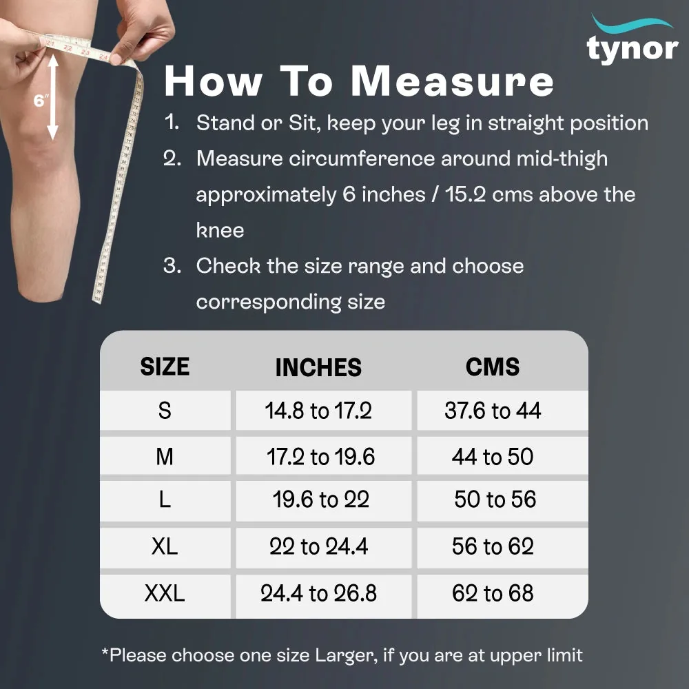 Tynor Elastic Knee Support size chart by thigh circumference 6 inches above the knee