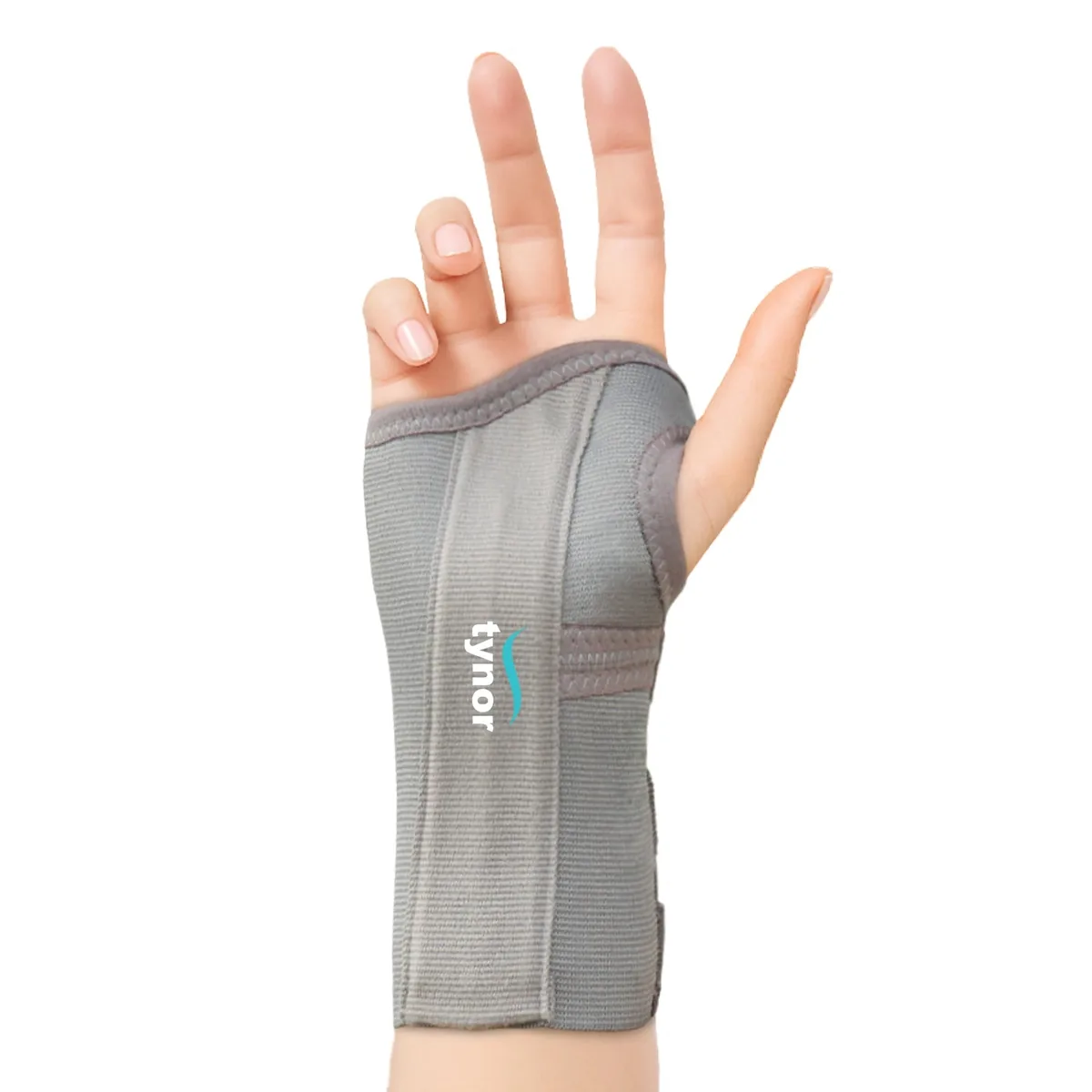 Tynor Elastic Wrist Splint in grey worn on the hand, front view with the fingers and thumb free