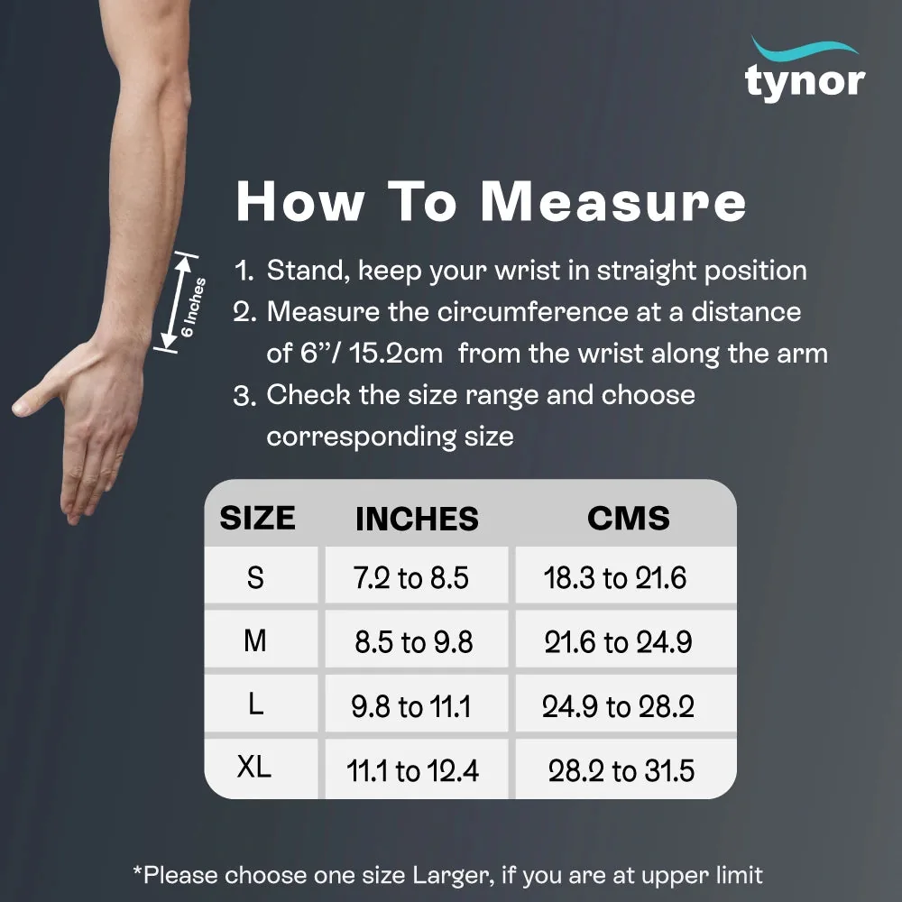 Tynor Elastic Wrist Splint size chart by forearm circumference 6 inches from the wrist