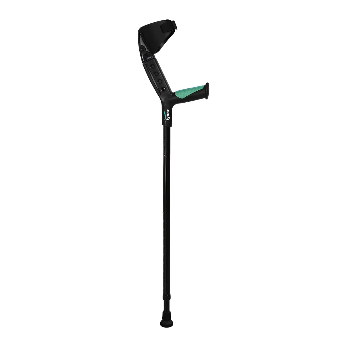 Tynor Elbow Crutch Adjustable in black with forearm cuff and gel handle, full view