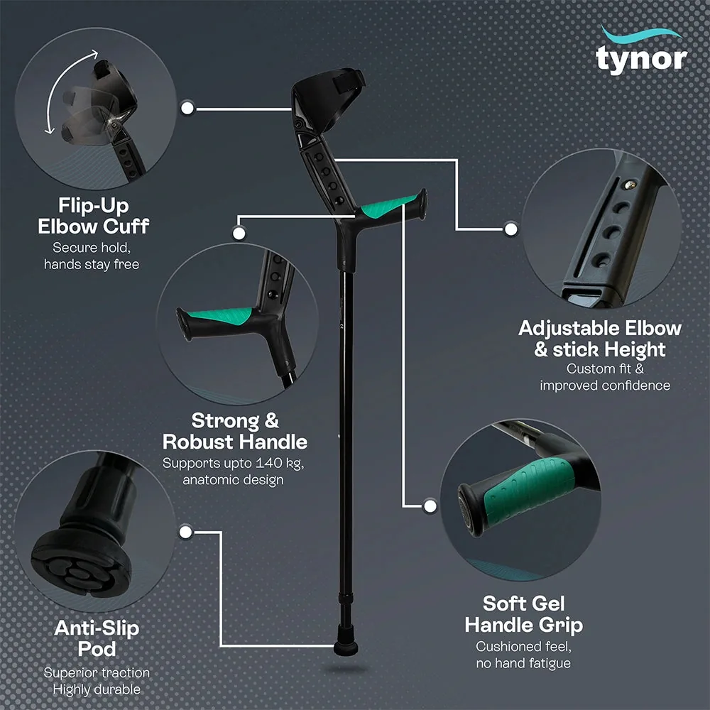 Tynor Elbow Crutch Adjustable features: flip-up elbow cuff, adjustable height, gel handle, anti-slip pod