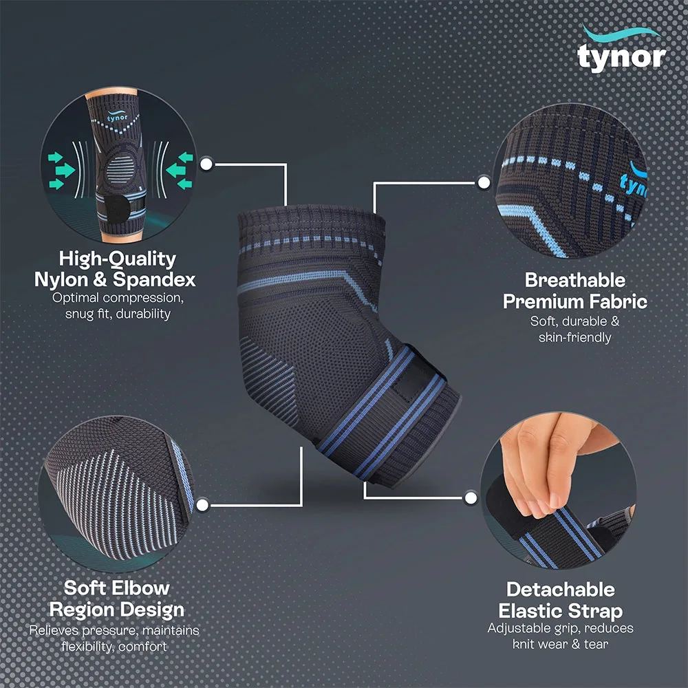 Tynor Elbow Support with callouts for nylon and spandex knit, breathable fabric, soft elbow region and detachable strap