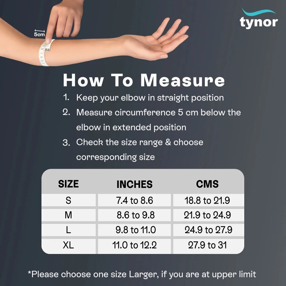 Tynor Elbow Support size chart by forearm circumference 5 cm below the elbow