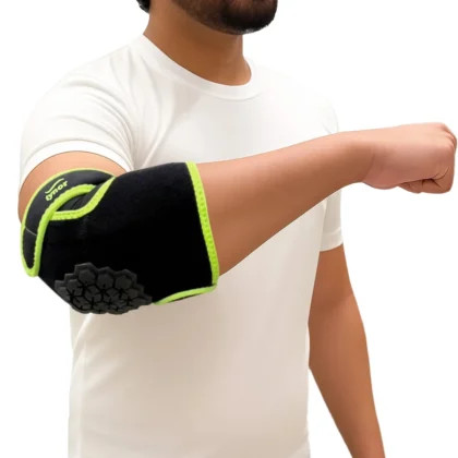 Tynor Elbow Wrap Neo in black and green worn on an outstretched arm, guard over the elbow