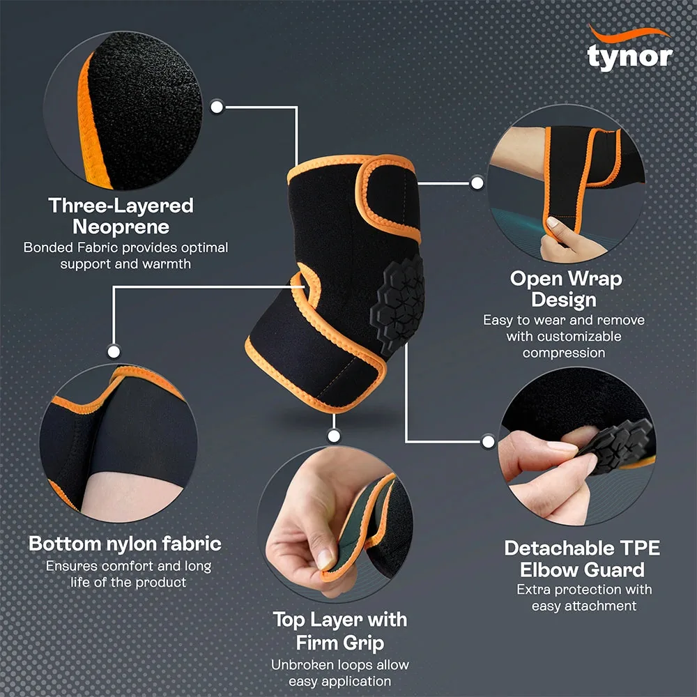 Tynor Elbow Wrap Neo features, black and orange version shown: neoprene layers, open wrap, detachable guard