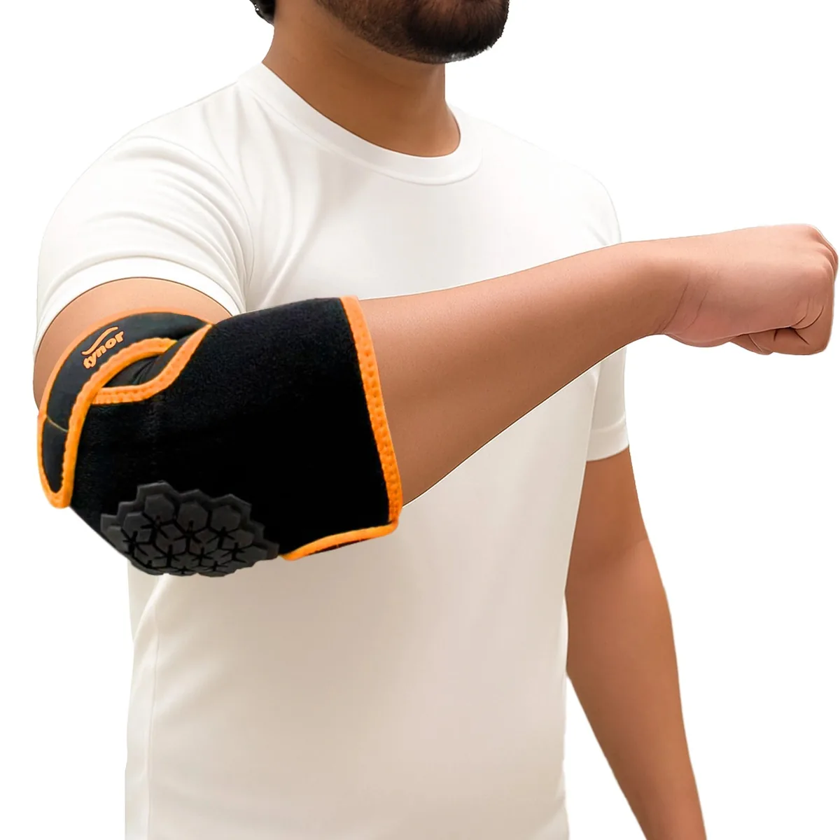 Tynor Elbow Wrap Neo in black and orange worn on an outstretched arm, guard over the elbow
